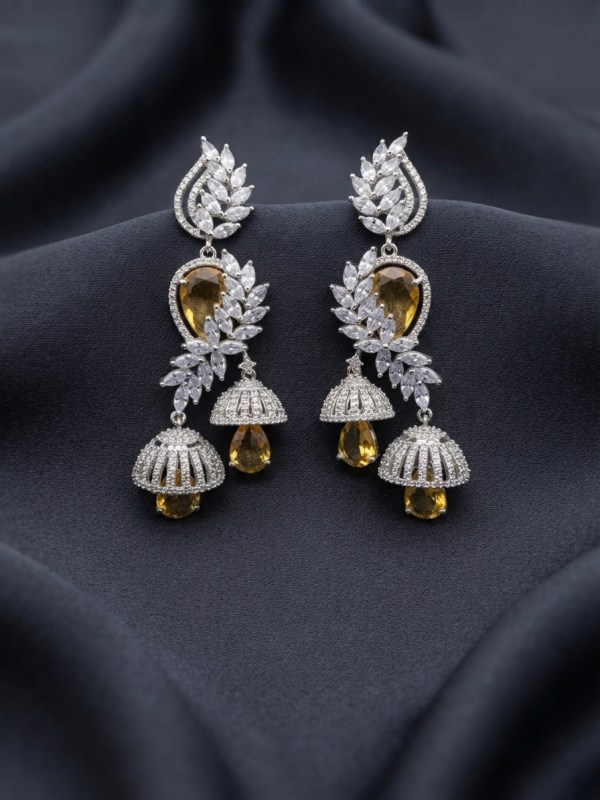 Rhodium Plated Yellow Crystal Floral Vine Double Jhumka Earrings