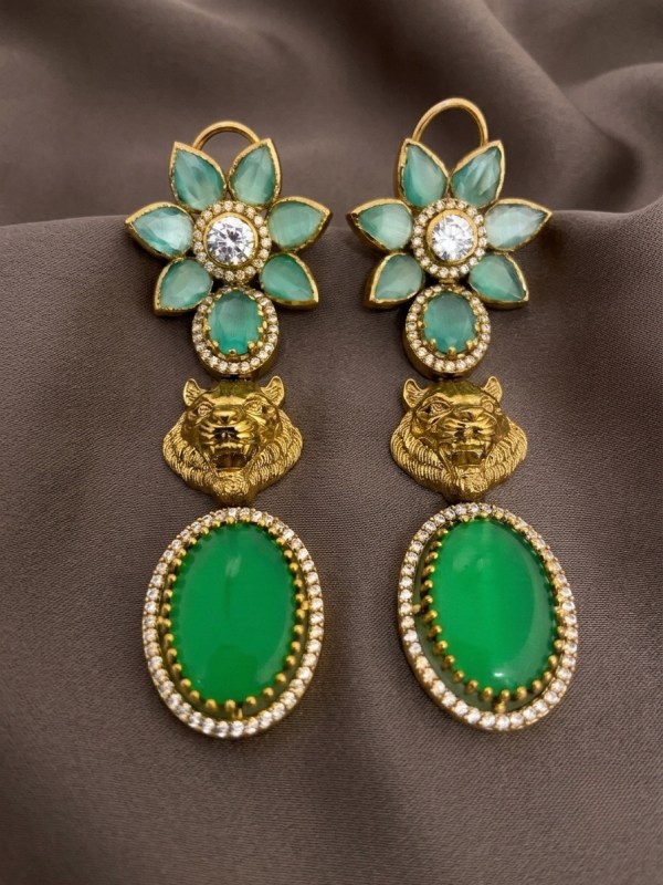 Antique Gold Tiger Head & Green Stone Drop Earrings