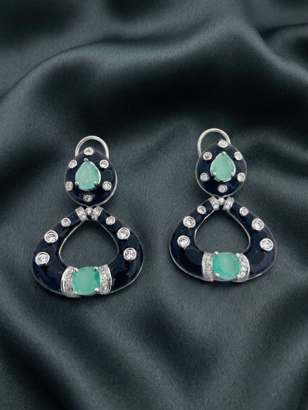 Rhodium Plated Black Enamel & Mint Green Stone Teardrop Drop Earrings