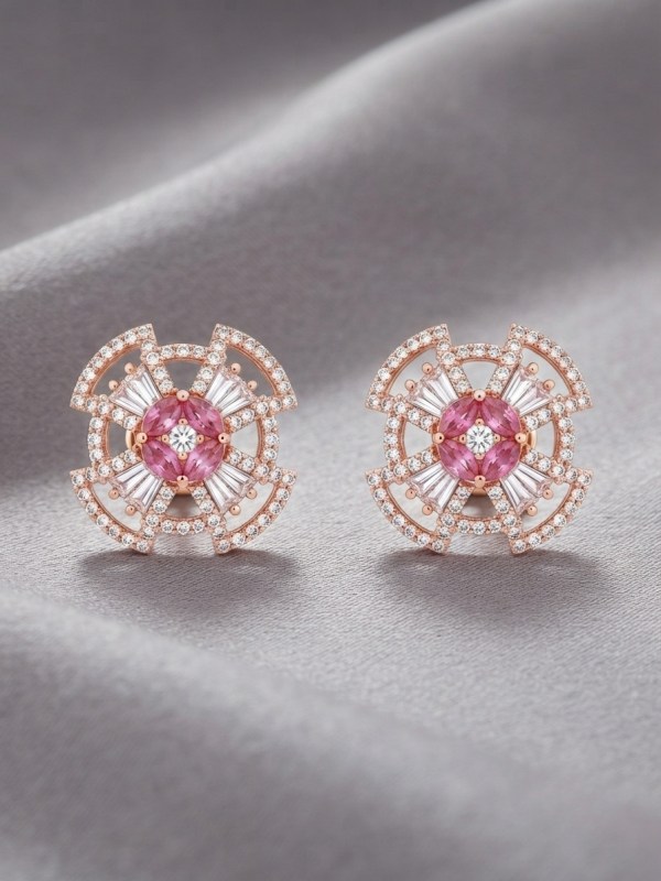 Rose Gold Pink Crystal Geometric Mandala Stud Earrings