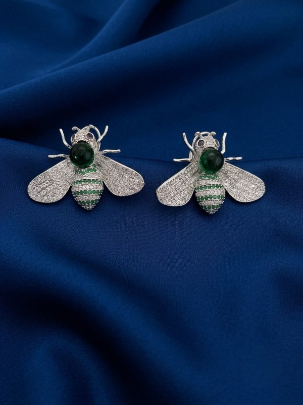 Rhodium Plated CZ Honeybee & Green Crystal Stud Earrings