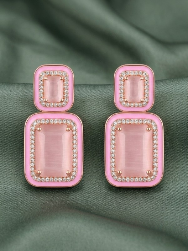 Rose Gold Pink Quartz & Enamel Tiered Geometric Drop Earrings