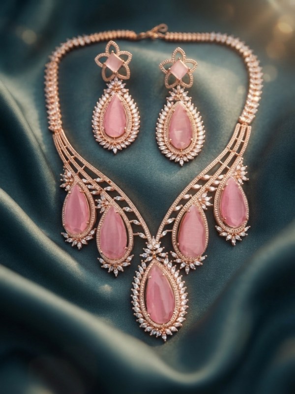 Rose Gold-Plated Pink Teardrop & CZ Statement Necklace Set