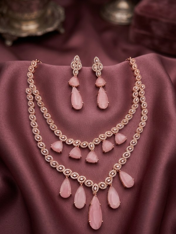 Rose Gold-Plated Double Layer Pink Stone & CZ Drop Necklace Set