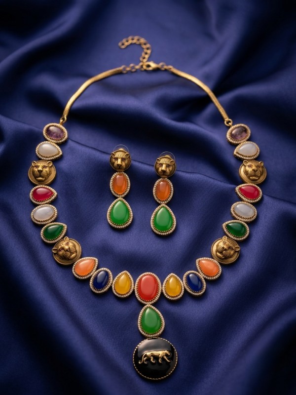 Antique Gold Tiger Motif Multi-Color Cabochon Necklace Set