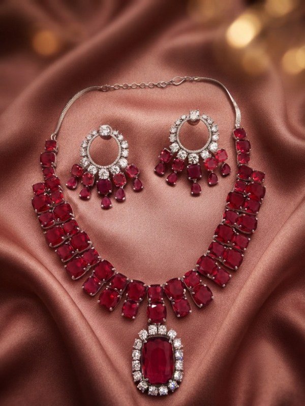 Rhodium-Plated Ruby Red Crystal Cushion Cut Statement Necklace Set