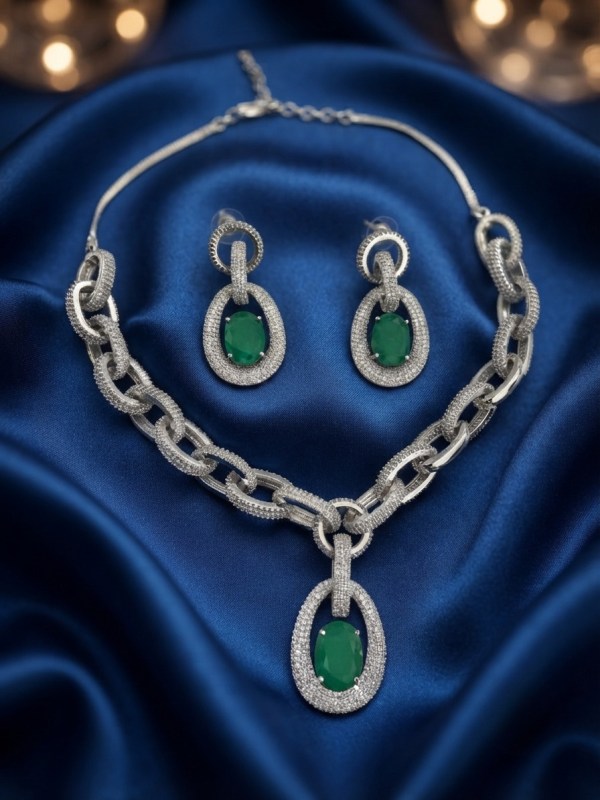 Rhodium-Plated Emerald Green Oval Stone & Cuban Chain Link Necklace Set