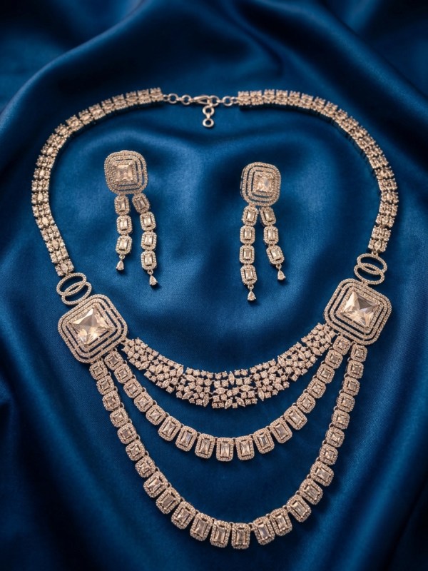Rhodium-Plated Multi-Layered CZ & Solitaire Statement Necklace Set