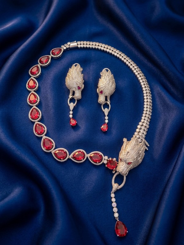 Rhodium-Plated Dragon Motif CZ & Ruby Red Teardrop Necklace Set