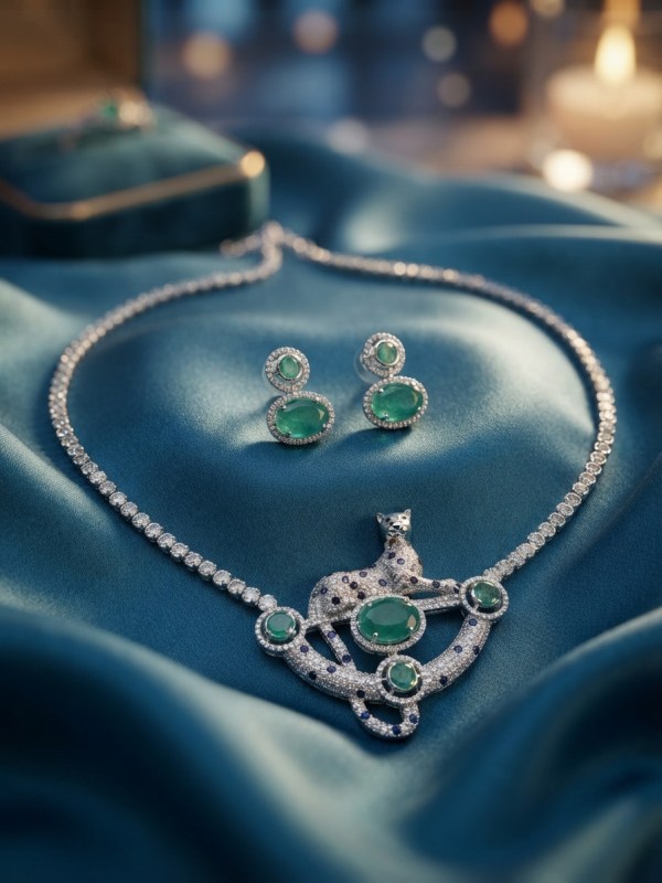 Rhodium-Plated Leopard Motif Mint Green Stone & CZ Tennis Necklace Set