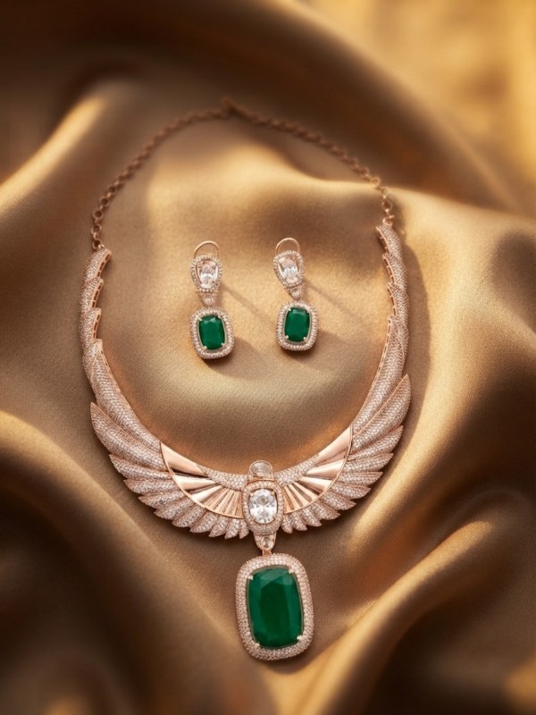 Rose Gold-Plated Winged CZ & Emerald Green Cushion Cut Pendant Necklace Set