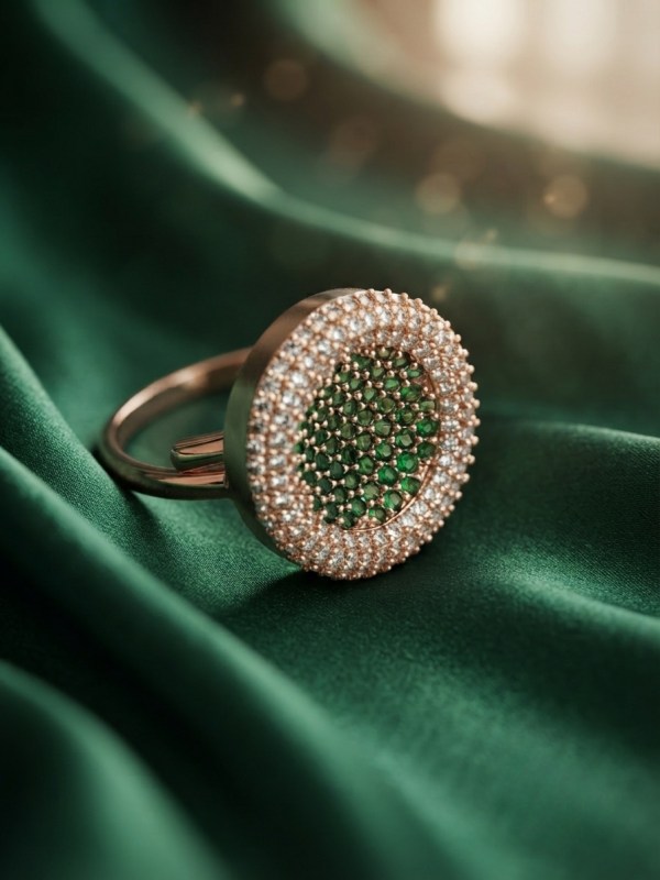 Emerald Green & Clear Crystal Circular Pavé Adjustable Statement Ring
