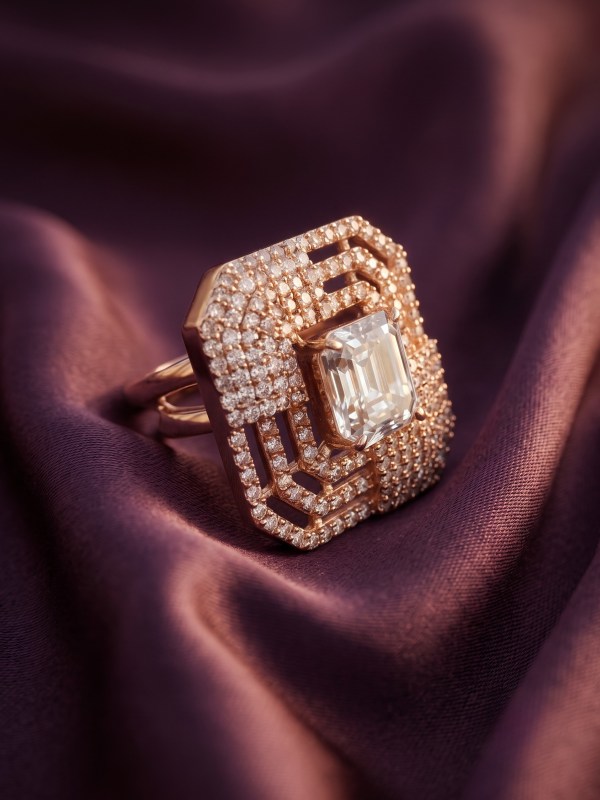 Emerald-Cut Champagne Crystal Geometric Pavé Adjustable Statement Ring