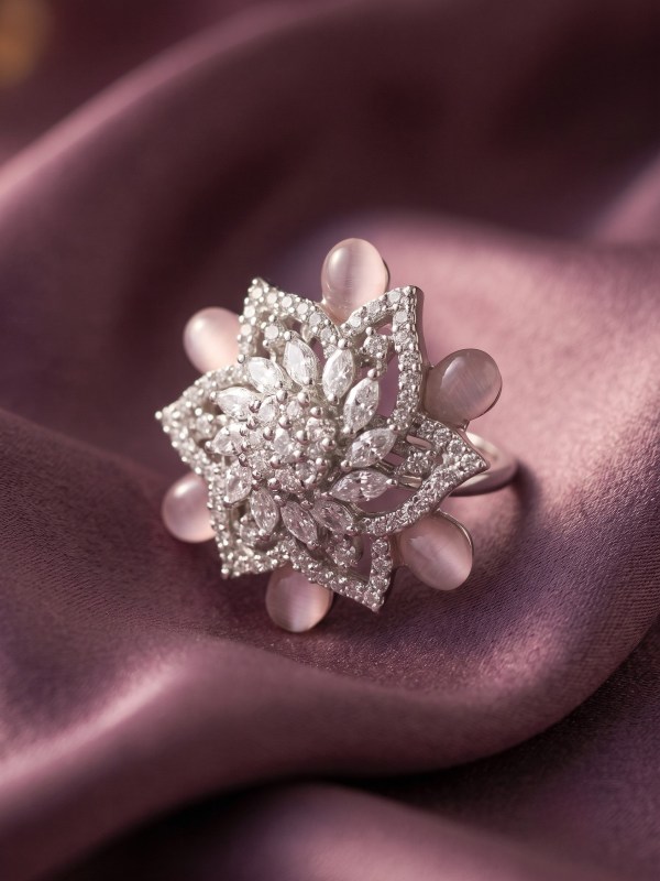 Silver-Toned Floral Swirl Pink Cabochon Adjustable Statement Ring