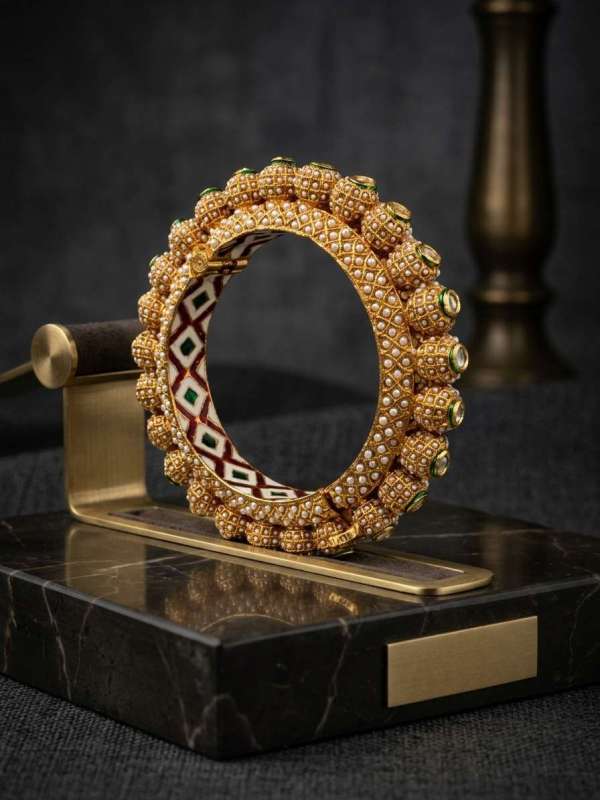 Women’s Traditional Gold-Toned Polki and Meenakari Enamelled Kada with Pearl Beading
