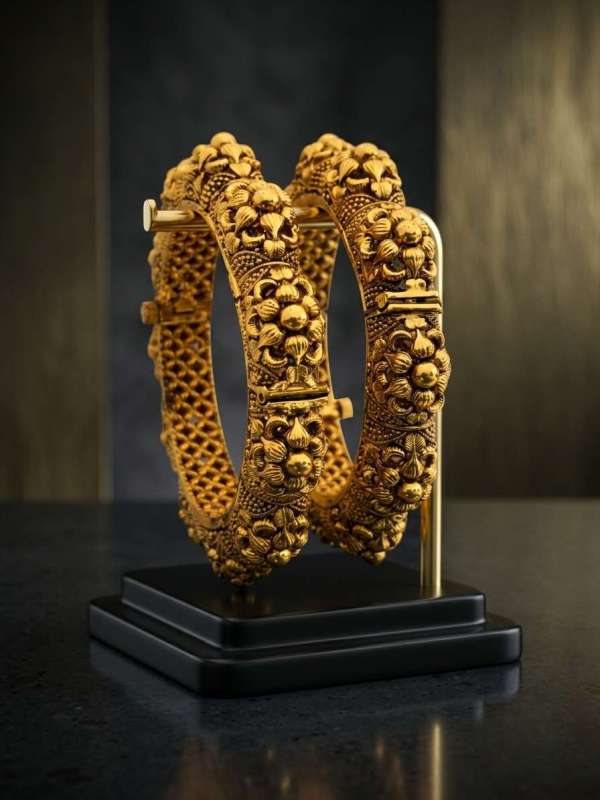 Women’s Antique Gold-Plated Sculpted Floral Vine Openable Kada Pair