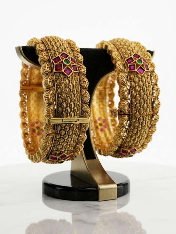 Women’s Antique Gold-Plated Ruby and Emerald Stone-Studded Textured Openable Kada Pair