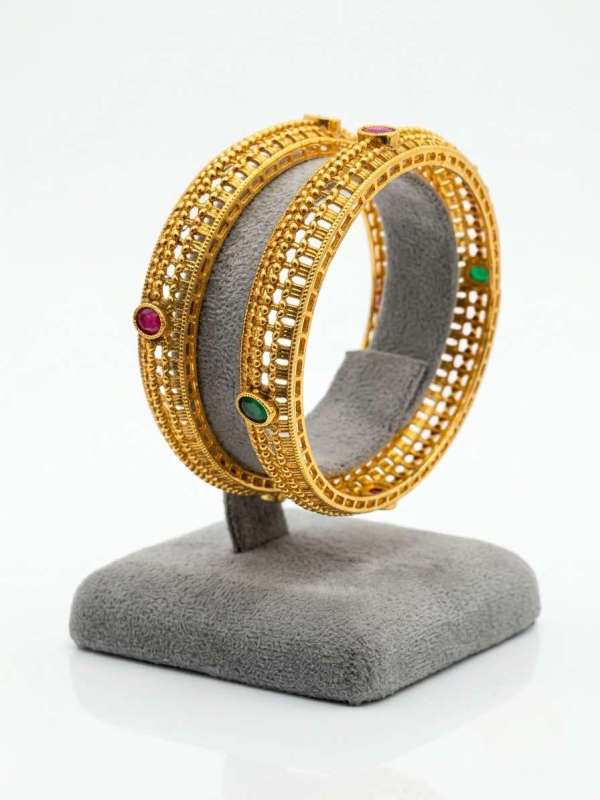 Women’s Antique Gold-Plated Lattice Jali Stone-Studded Kada Pair