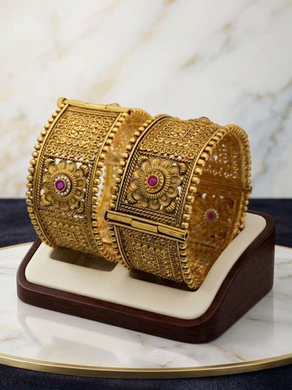 Women’s Antique Gold-Plated Broad Floral and Paneled Ruby Stone Openable Kada Pair