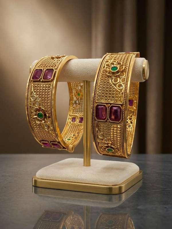 Women’s Antique Gold-Plated Filigree and Gemstone Openable Kada Pair