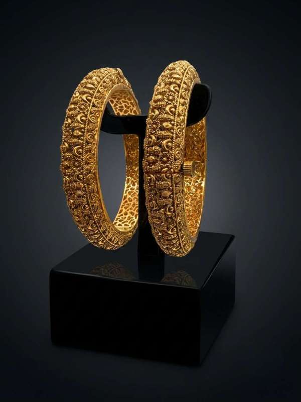 Women’s Antique Gold-Plated Ornate Scroll and Filigree Openable Kada Pair
