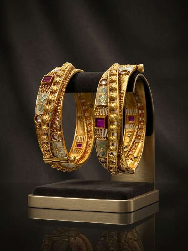 Women’s Antique Gold-Plated Pastel Enamel and Ruby Stone Openable Kada Pair