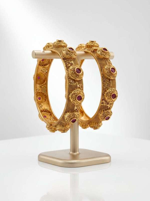 Women’s Antique Gold-Plated Ruby-Studded Medallion Openable Kada Pair