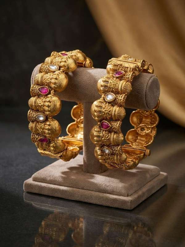 Women’s Antique Gold-Plated Domed Bead and Gemstone Openable Kada Pair