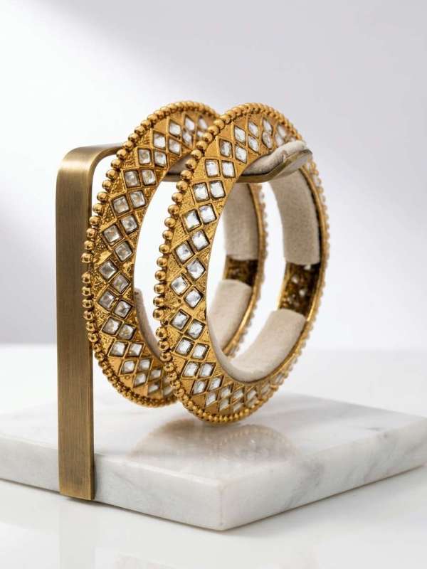 Women’s Antique Gold-Plated Square-Cut Kundan Lattice Bangle Pair