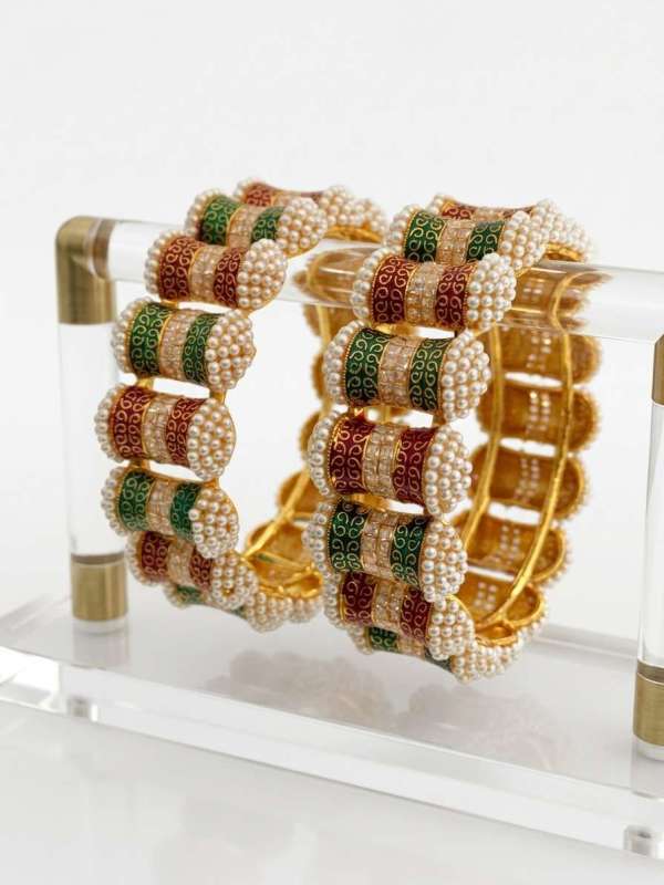 Women’s Antique Gold-Plated Enamel and Pearl Barrel Kada Pair