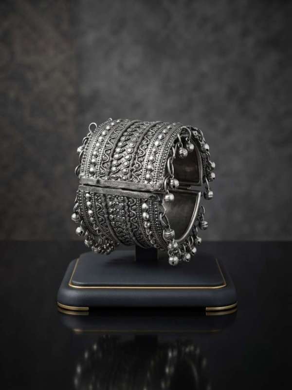 Women’s Oxidized Silver-Toned Ornate Tribal Openable Wide Kada Bangle