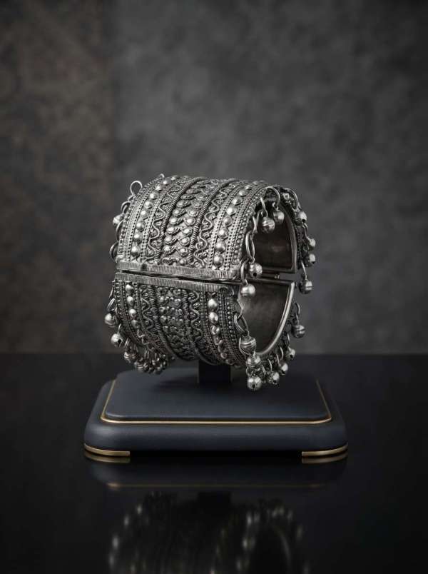 Women’s Oxidized Silver-Toned Ornate Tribal Openable Wide Kada Bangle