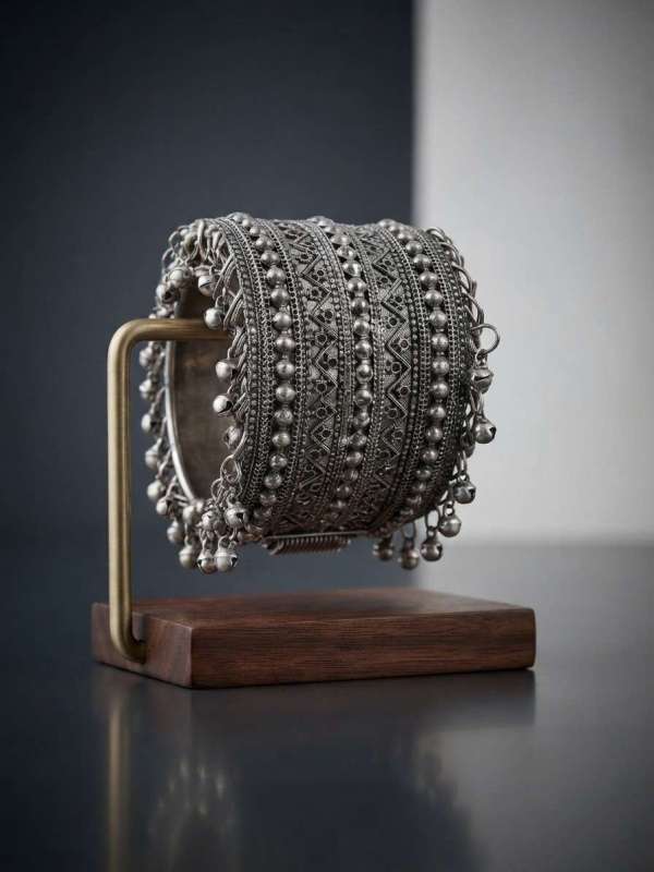 Women’s Oxidized Silver-Toned Openable Tribal Pattern Ghungroo Wide Kada Bangle