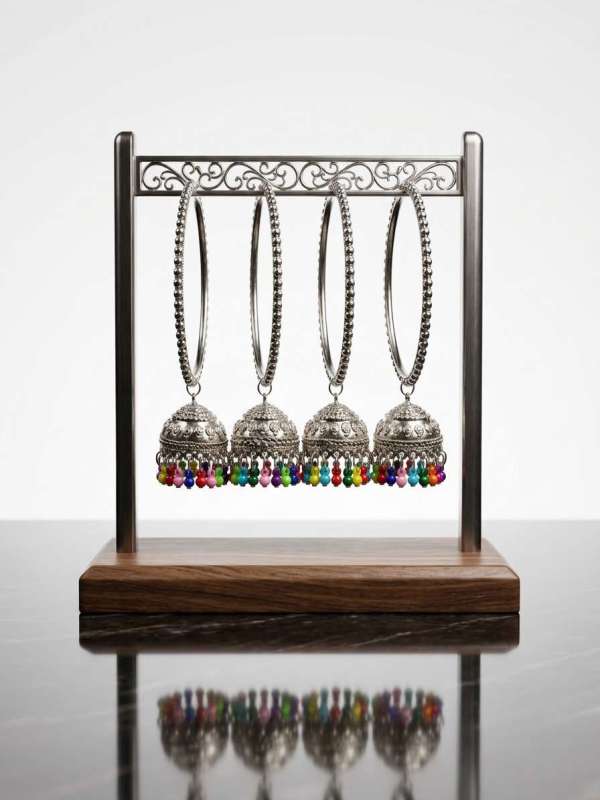 Women’s Oxidized Silver-Toned Beaded Bangles with Multicolored Jhumka Latkans
