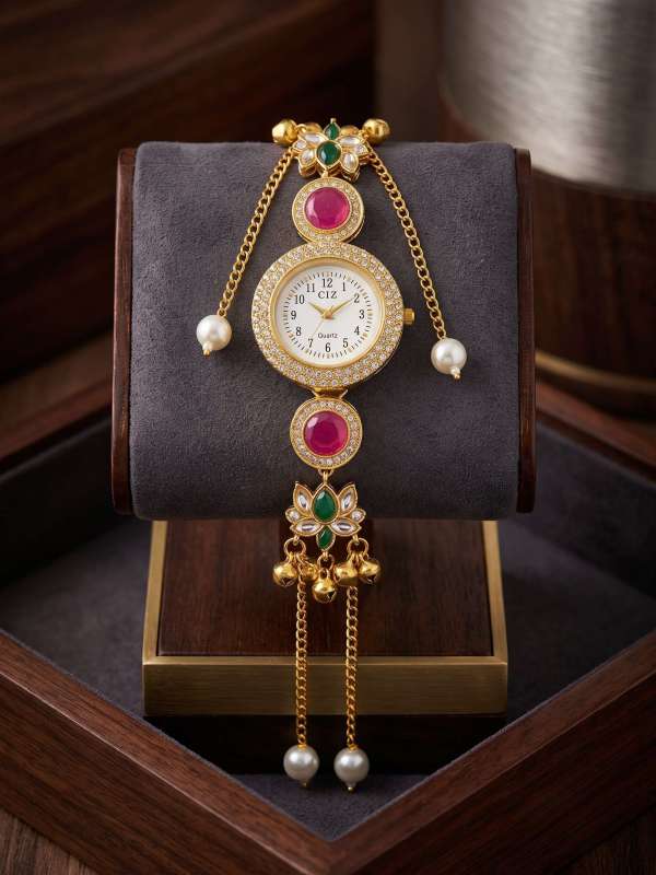 Gold-Plated Kundan and Ruby Stone Adorned Adjustable Watch Bracelet