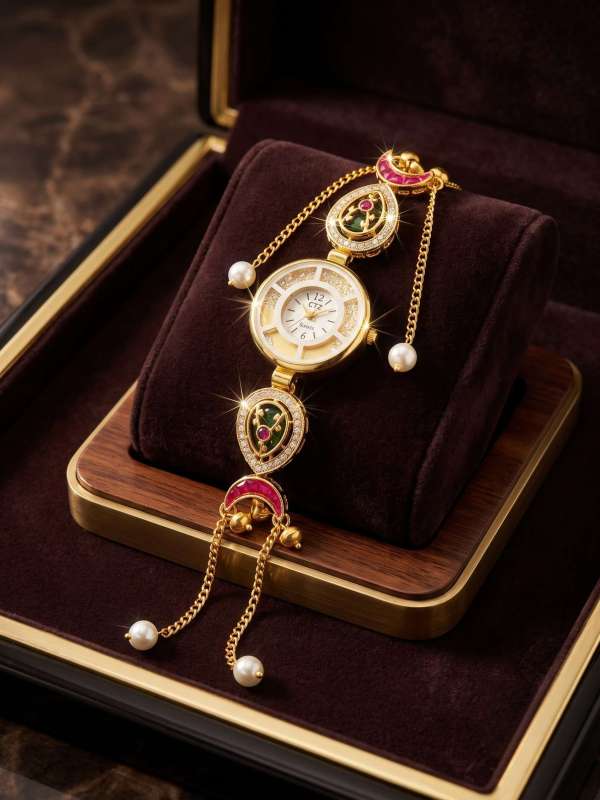 Gold-Plated Meenakari and Green Stone Adorned Ethnic Watch Bracelet