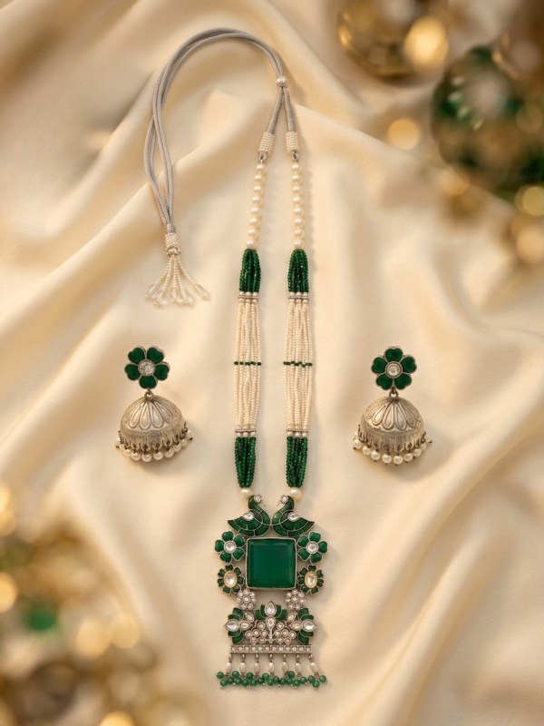 Green Peacock Motif Long Necklace Set with Jhumkas