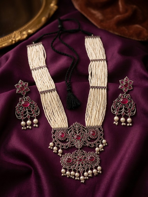 Pink Stone Studded Silver-Finish Long Necklace Set with Earrings