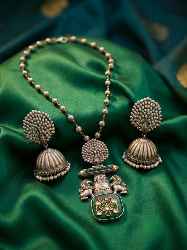 Oxidized Silver Peacock and Lion Motif Necklace Set with Jhumkas