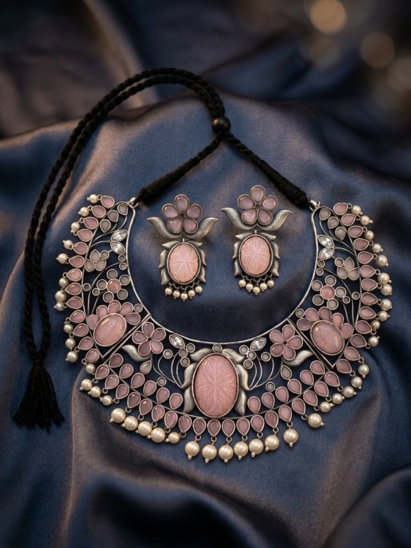 Pink Floral Motif Silver-Finish Choker Necklace Set with Earrings