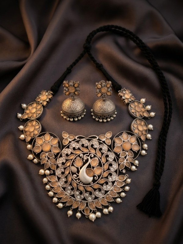 Peach Stone Peacock Motif Silver-Finish Choker Necklace Set with Jhumkas