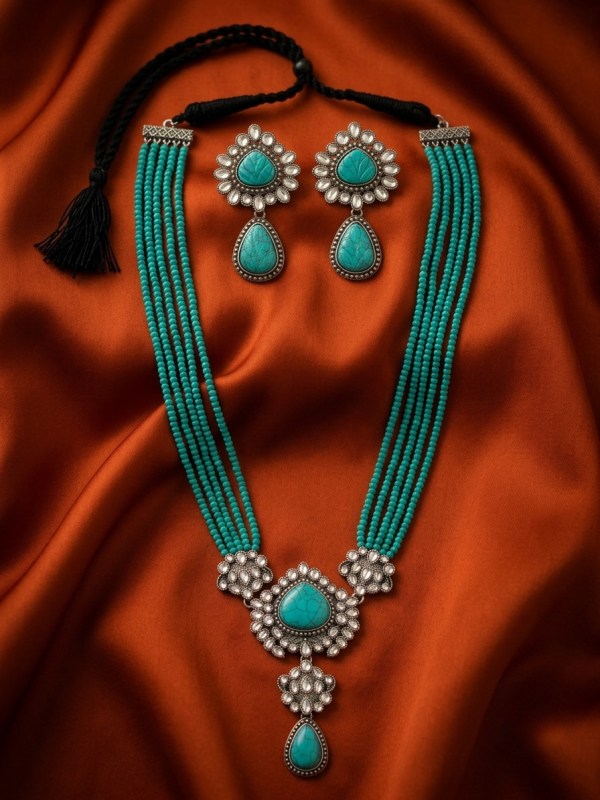 Turquoise Stone Studded Silver-Finish Long Necklace Set with Earrings