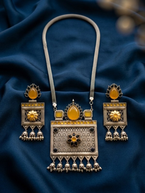Yellow Stone Studded Oxidized Silver Necklace Set with Earrings