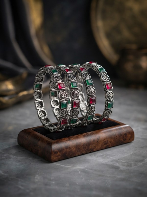 Oxidized Silver-Tone Multi-Color Stone Bangles Set